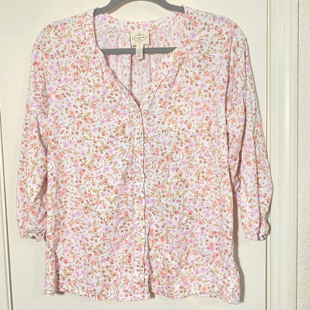 St Johns Bay Floral Button Down‎ 3/4 Sleeve Blouse Top Womens
